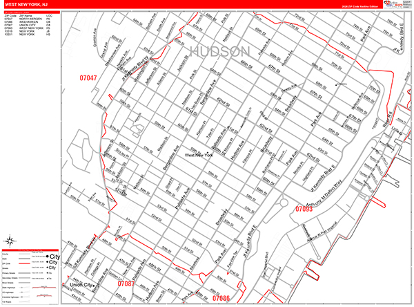 West New York Zip Code Wall Map
